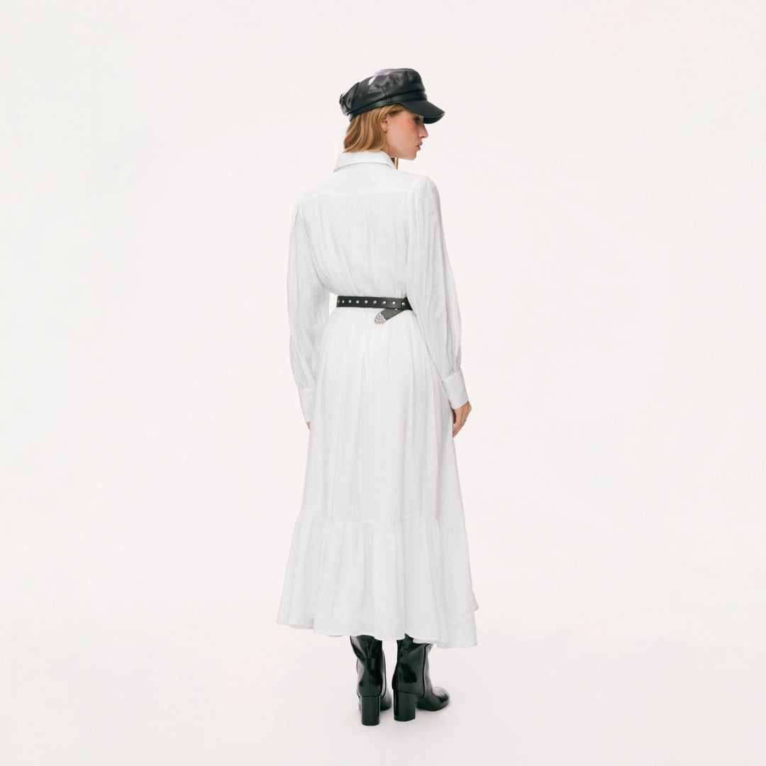 Damen Langes Hemdblusenkleid mit Spitzenbesatz, Taillierung und Stufenrock – Valéora