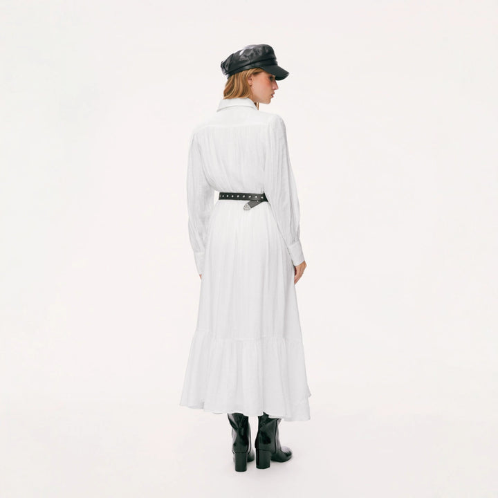 Damen Langes Hemdblusenkleid mit Spitzenbesatz, Taillierung und Stufenrock – Valéora