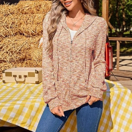 Damen Leichter Strick-Kapuzencardigan mit durchgehendem Reißverschluss und Eingrifftaschen – Veloura