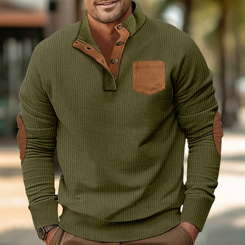 Herren eleganter Strickpullover mit Knopfleiste und kontrastierenden Ellbogenpatches Echoarchiv