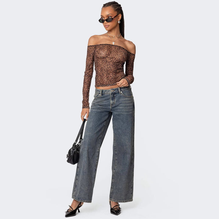 Damen Off-Shoulder Langarmshirt mit Leopardenmuster Echo Archiv