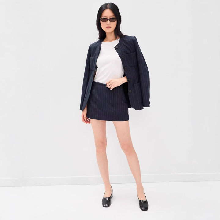 Damen Nadelstreifen‑Blazer ohne Revers mit tailliertem Minirock‑Set Echoarchiv