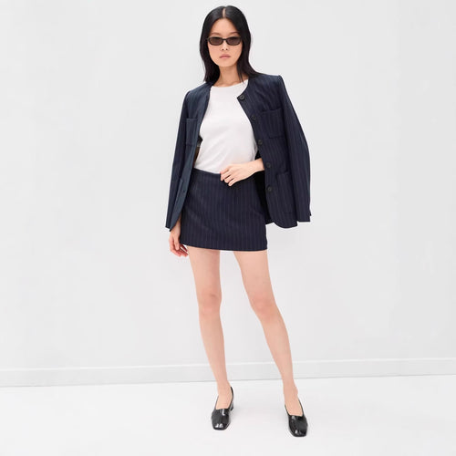 Damen Nadelstreifen‑Blazer ohne Revers mit tailliertem Minirock‑Set Echoarchiv