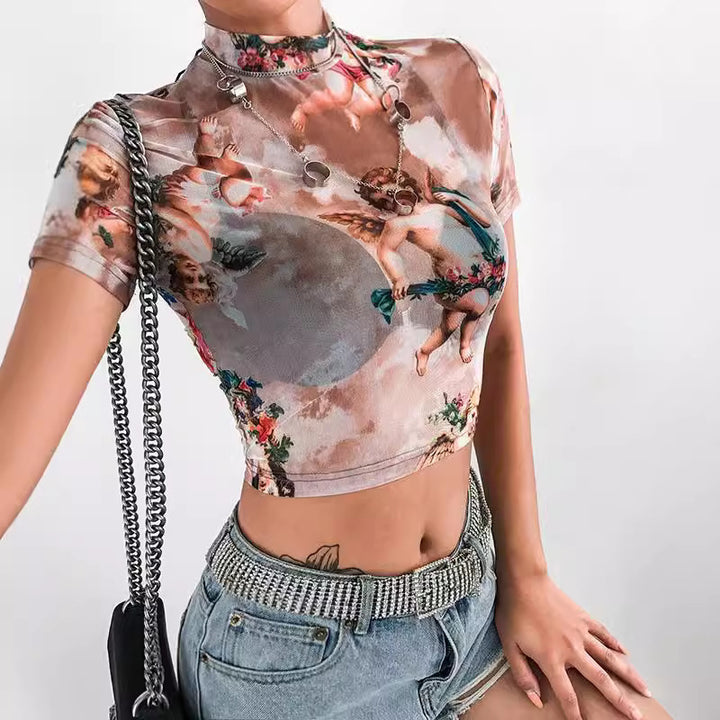 Damen Hochgeschlossenes Crop-Top mit romantischem Engelmotiven Echo Archiv