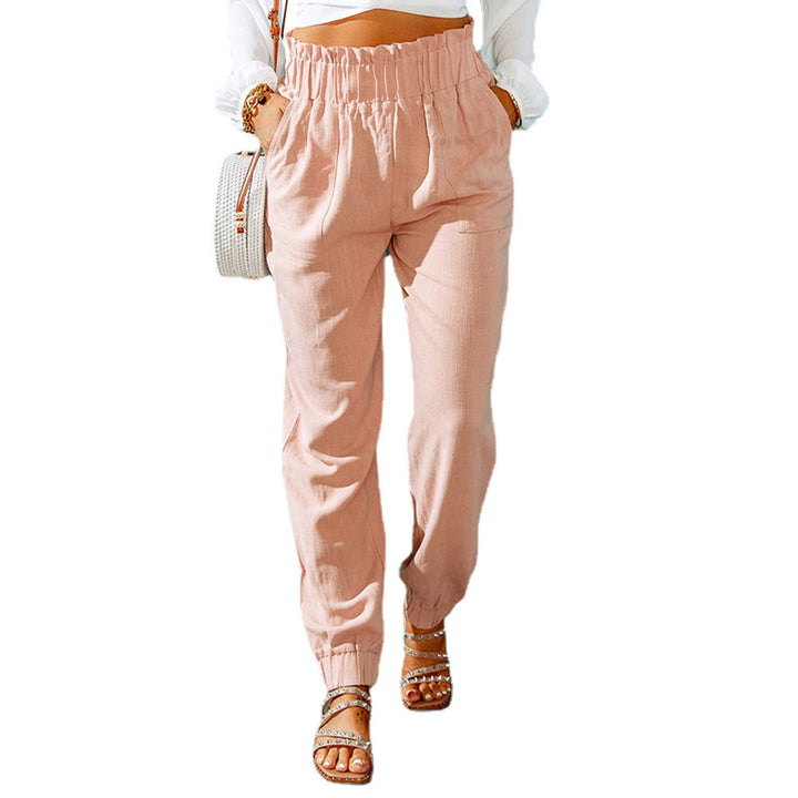 Damen Hochtaillierte Leinenoptik-Joggerhose mit elastischem Rüschbund und Eingrifftaschen Echoarchiv