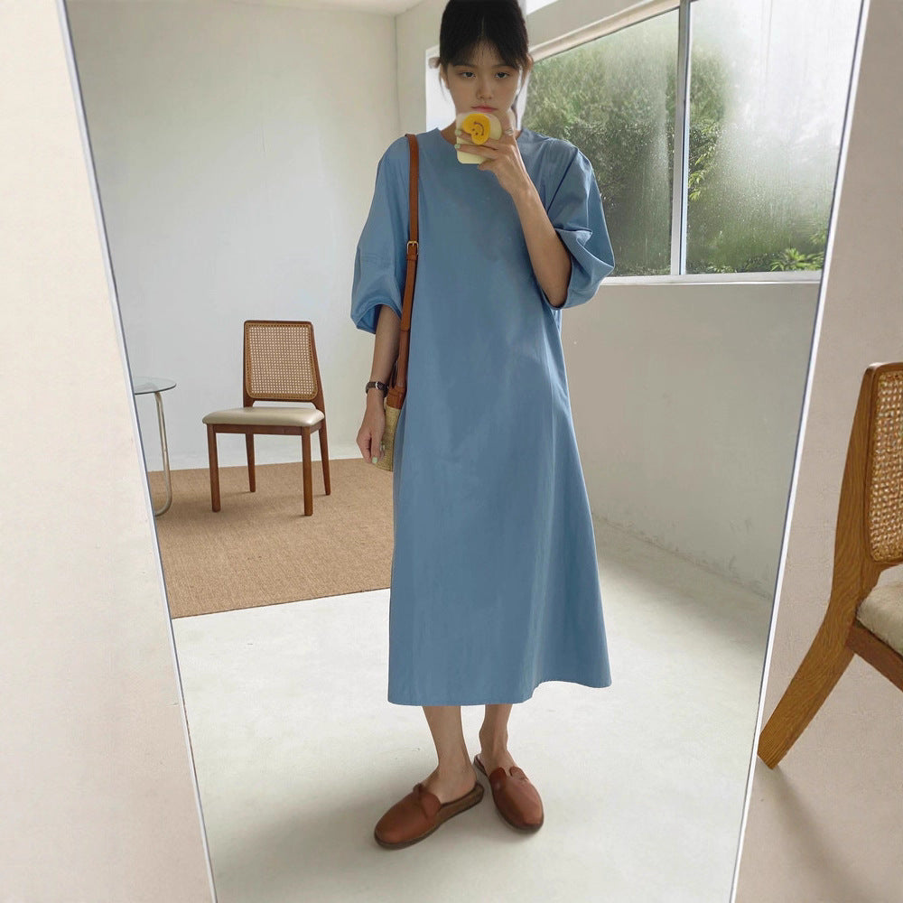 Damen Leichtes A-Linien Midikleid aus Baumwoll-Popeline mit ballonförmigen Ellenbogenärmeln – Élara
