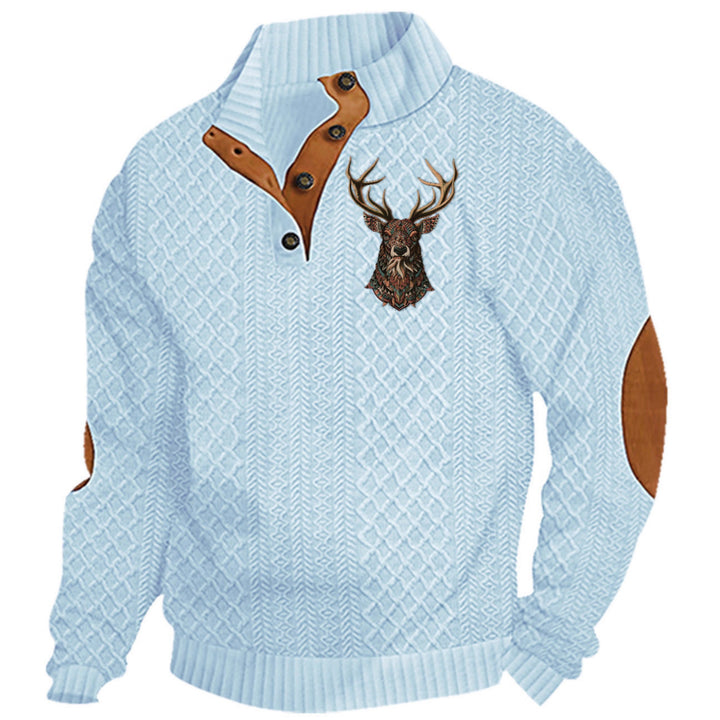 Herren nan Heritage-Strukturpullover mit Stehkragen Lederimitat-Besatz Ellenbogen-Patches und Halbknopfleiste Echo Archiv
