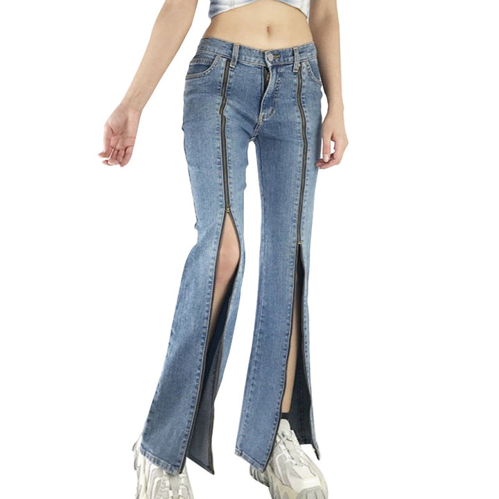 Damen nan Jeanshose mit durchgehenden Front-Reißverschlüssen, hoher vorderer Beinöffnung und ausgestelltem Schlag Echo Archiv