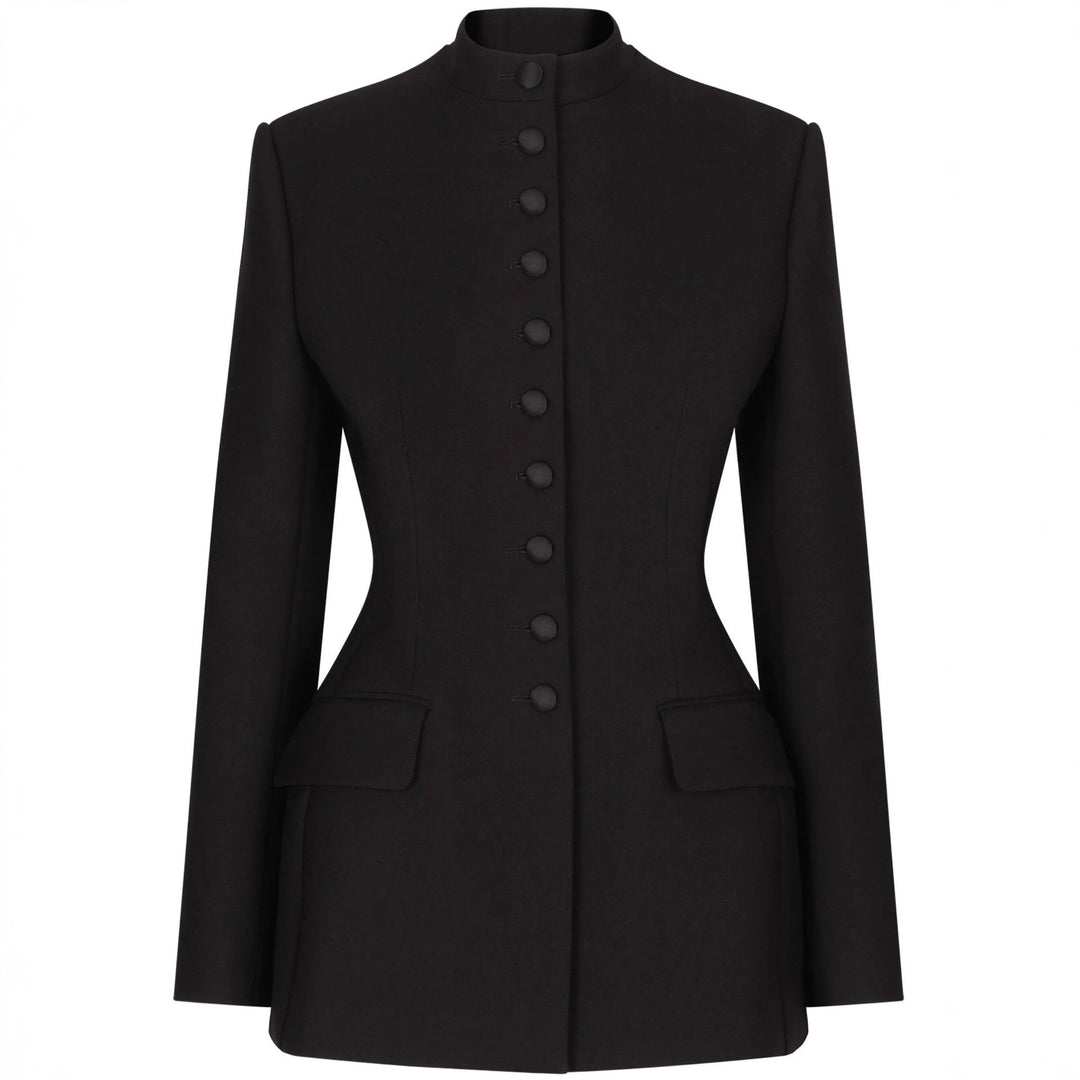 Damen Taillierter Blazer mit Stehkragen, strukturierter Schulter und dekorativer Knopfleiste Echoarchiv