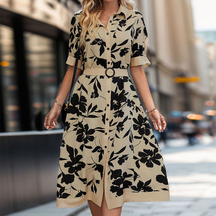 Damen Tailliertes Blusenkleid mit Taillengürtel, Frontknopfleiste und Frontschlitz – Élara