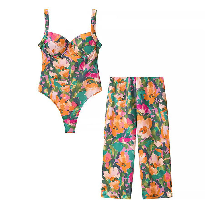 Damen Weite Cropped-Hose mit elastischem Bund und aquarelligem Blumenprint Echo Archiv