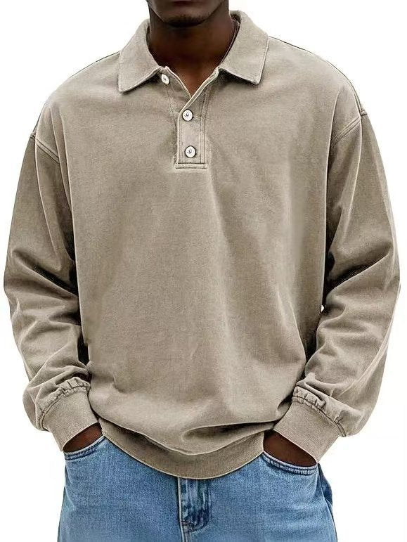 Herren nan lässiges Poloshirt-Sweatshirt mit Kragen, Vintage-Waschung und dreiteiliger Knopfleiste Echo Archiv