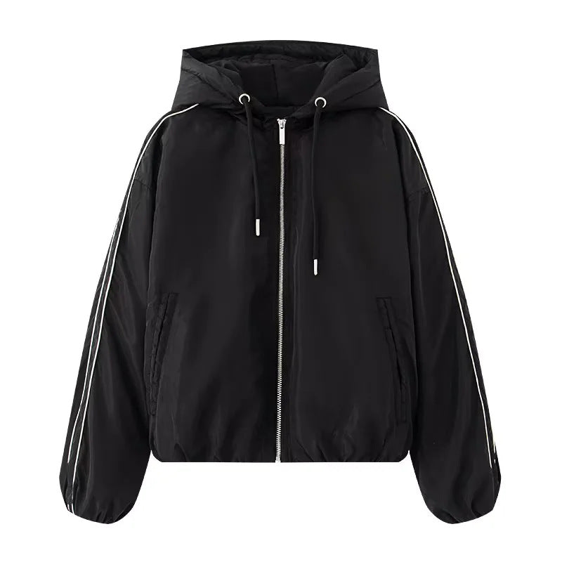 Damen leichte Kapuzen-Bomberjacke mit Kontraststreifen, elastischem Saum und praktischen Eingrifftaschen – Avenza