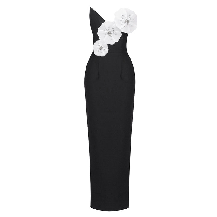 Damen Elegantes bodenlanges Kleid mit asymmetrischem Ausschnitt und floralen Details Echo Archiv
