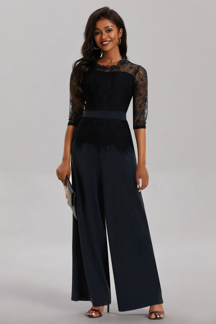 Eleganter Damen Jumpsuit mit Spitzenärmeln und Weitem Bein – Solévia