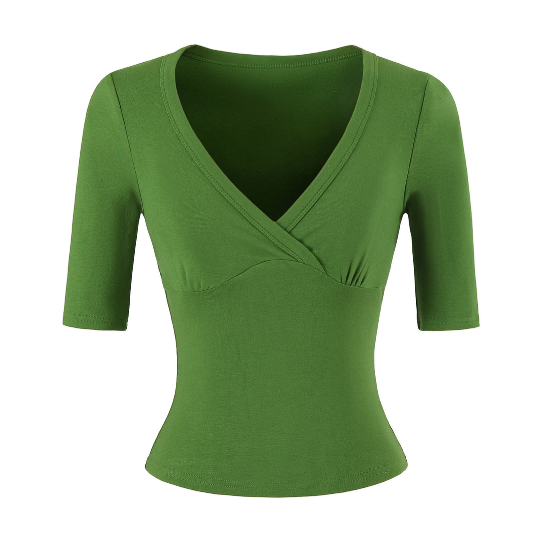 Damen Figurbetontes Wickelshirt mit tiefem V-Ausschnitt, dreiviertelärmeln und Taillenbetonung Echoarchiv