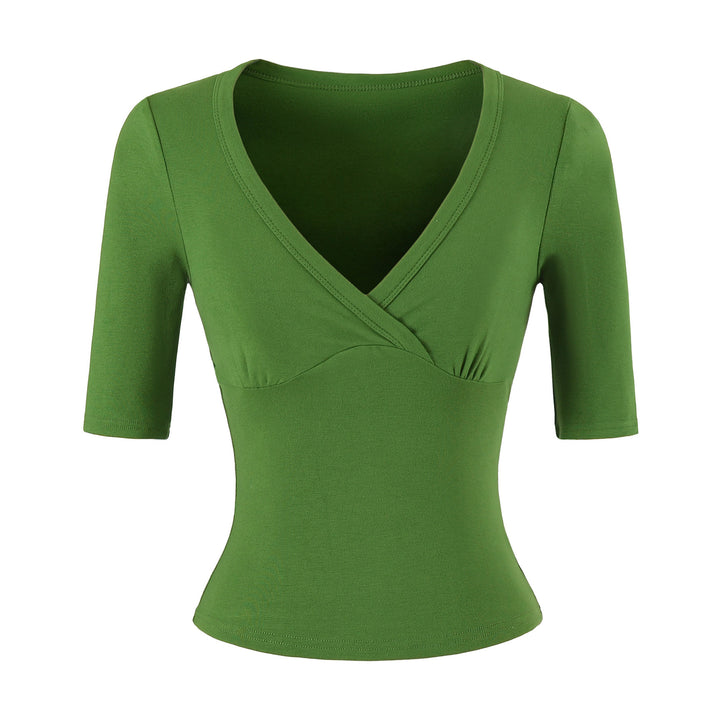 Damen Figurbetontes Wickelshirt mit tiefem V-Ausschnitt, dreiviertelärmeln und Taillenbetonung Echoarchiv