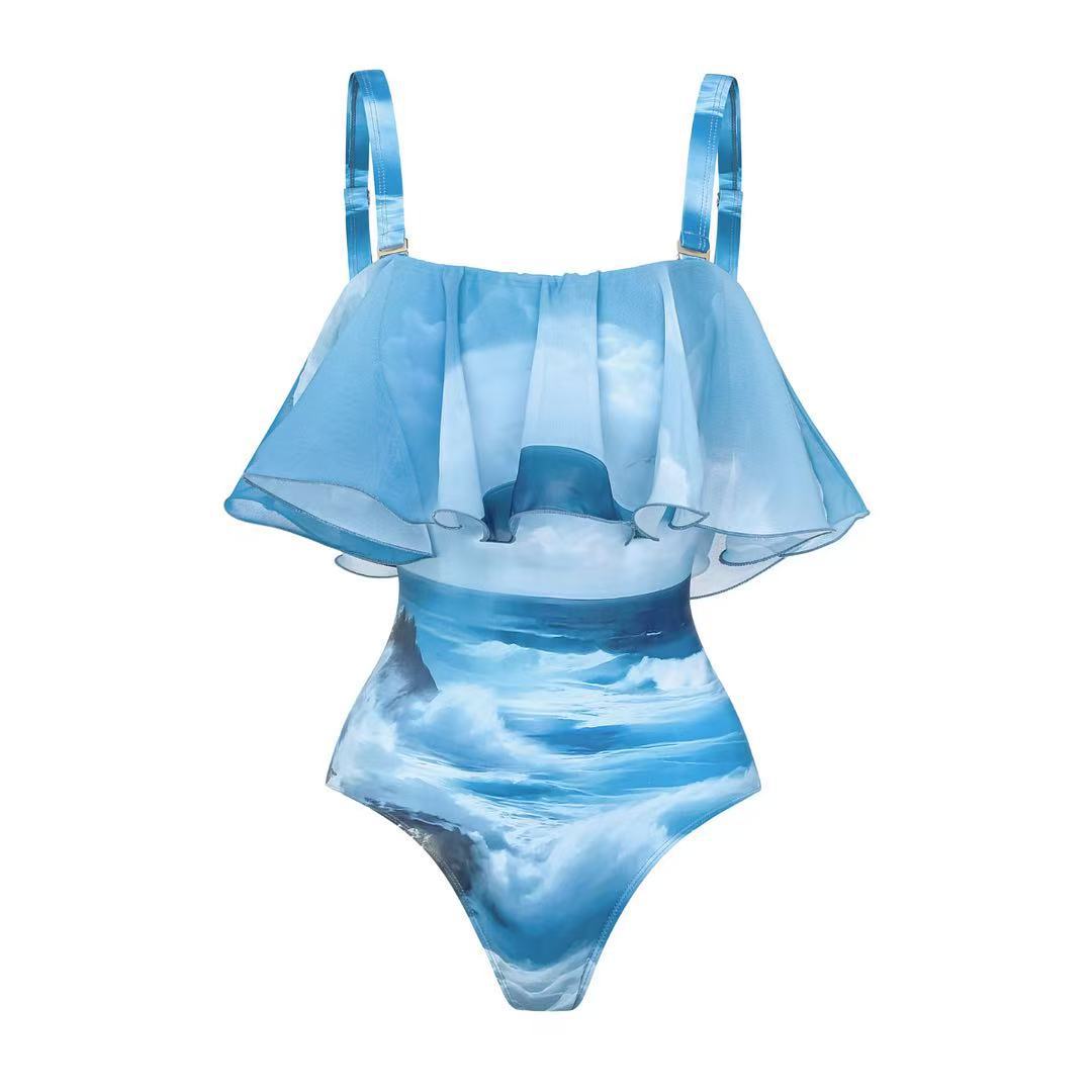 Damen Maxikleid mit Volant und maritimem Design – Valéora