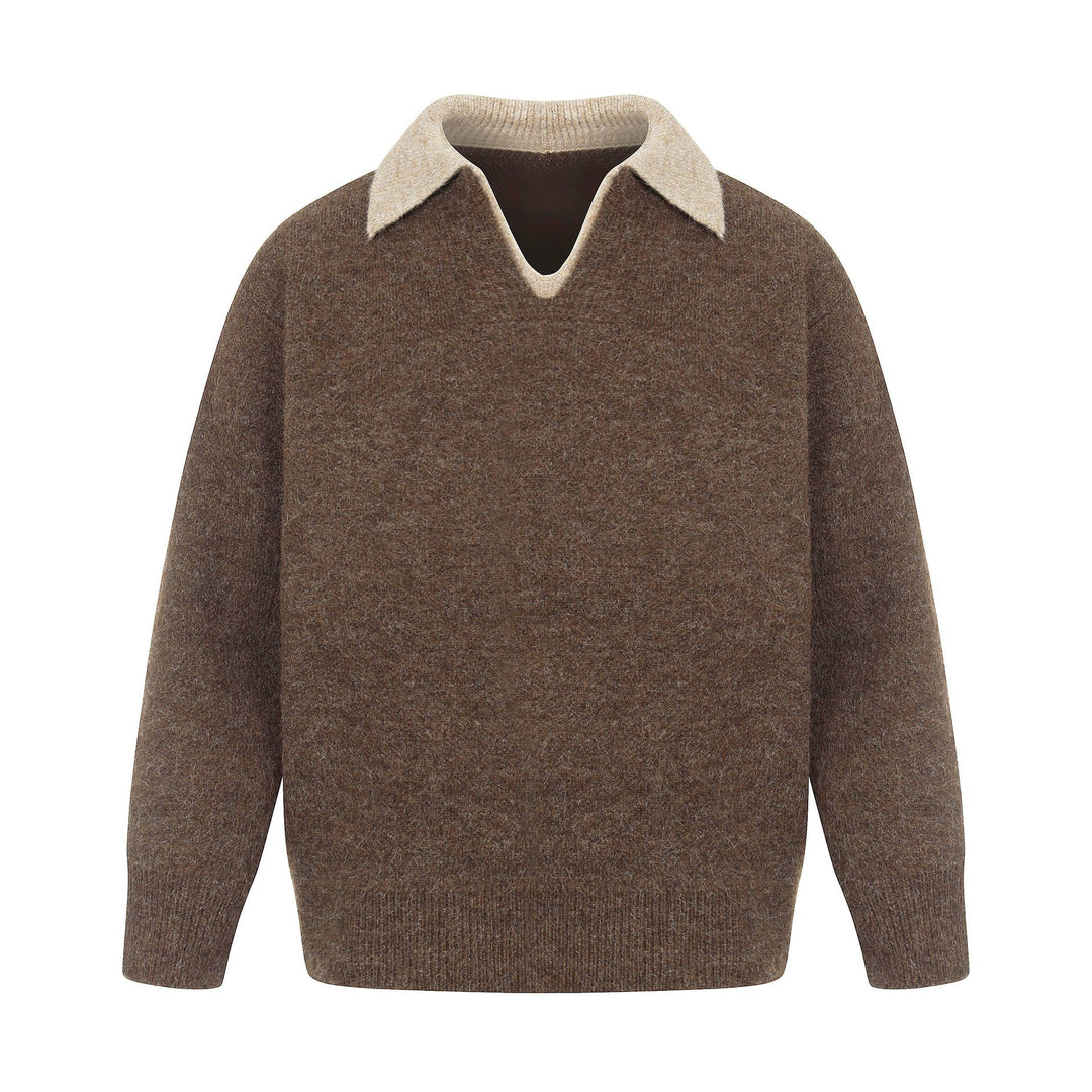 Damen Oversize Wollmix-Pullover mit kontrastpolokragen und V‑Ausschnitt Echoarchiv