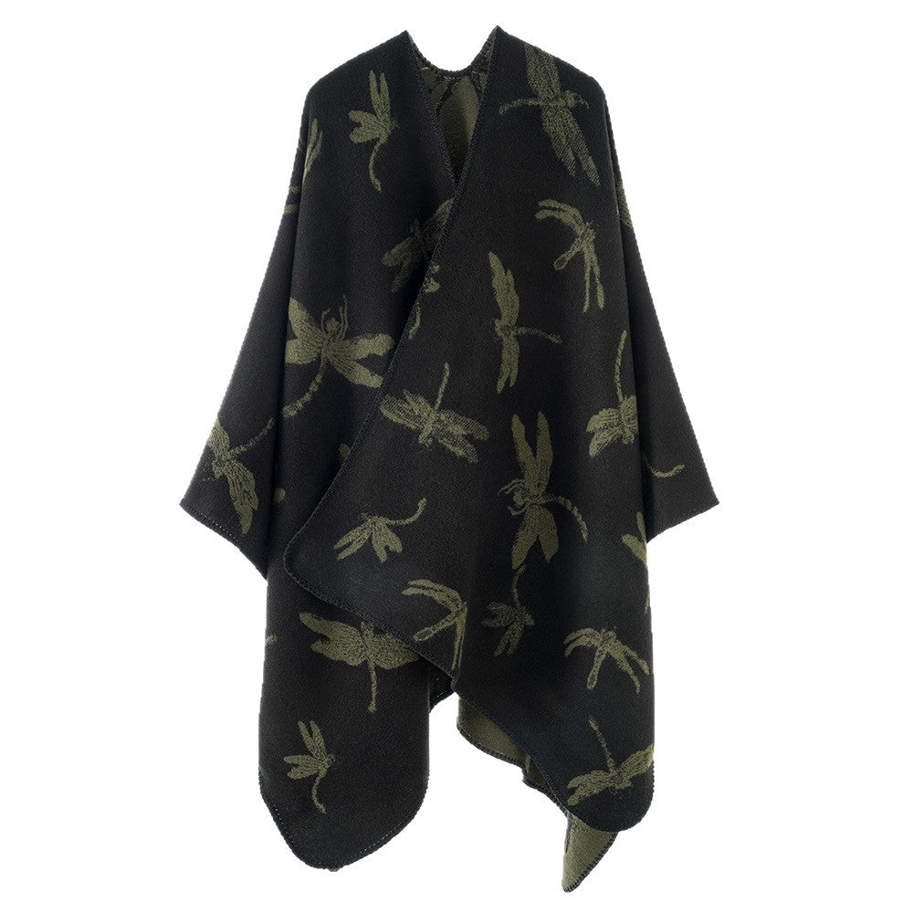 Damen Reversibler Cape-Poncho mit Libellen-Jacquard und feinem Saum – Célinea
