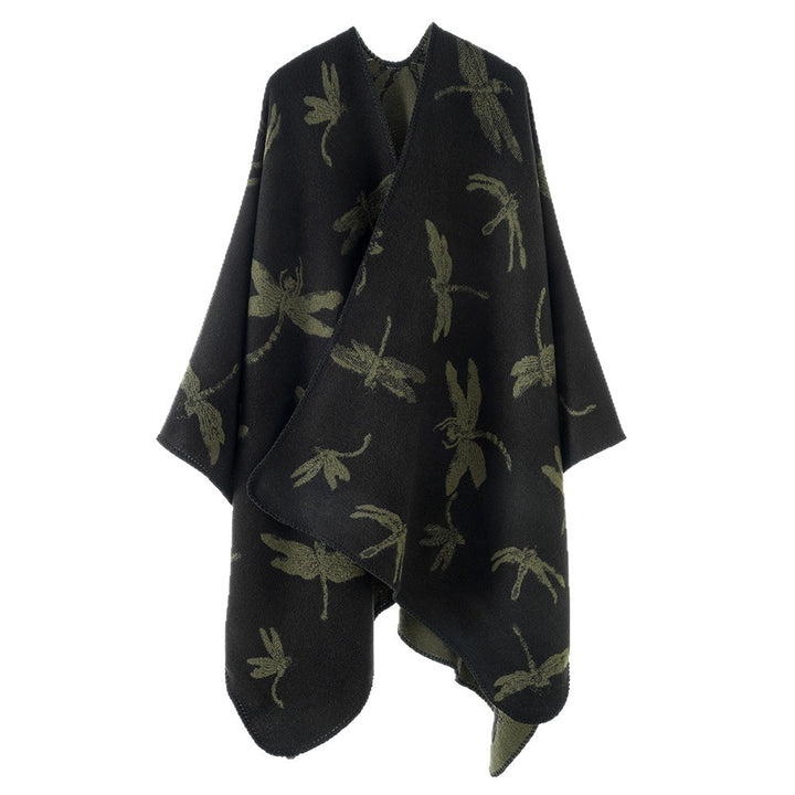 Damen Reversibler Cape-Poncho mit Libellen-Jacquard und feinem Saum – Célinea