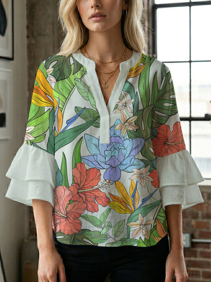 Damen elegantes Blusenshirt mit voluminösen Rüsenärmeln und grafischem Blumendesign Echo Archiv