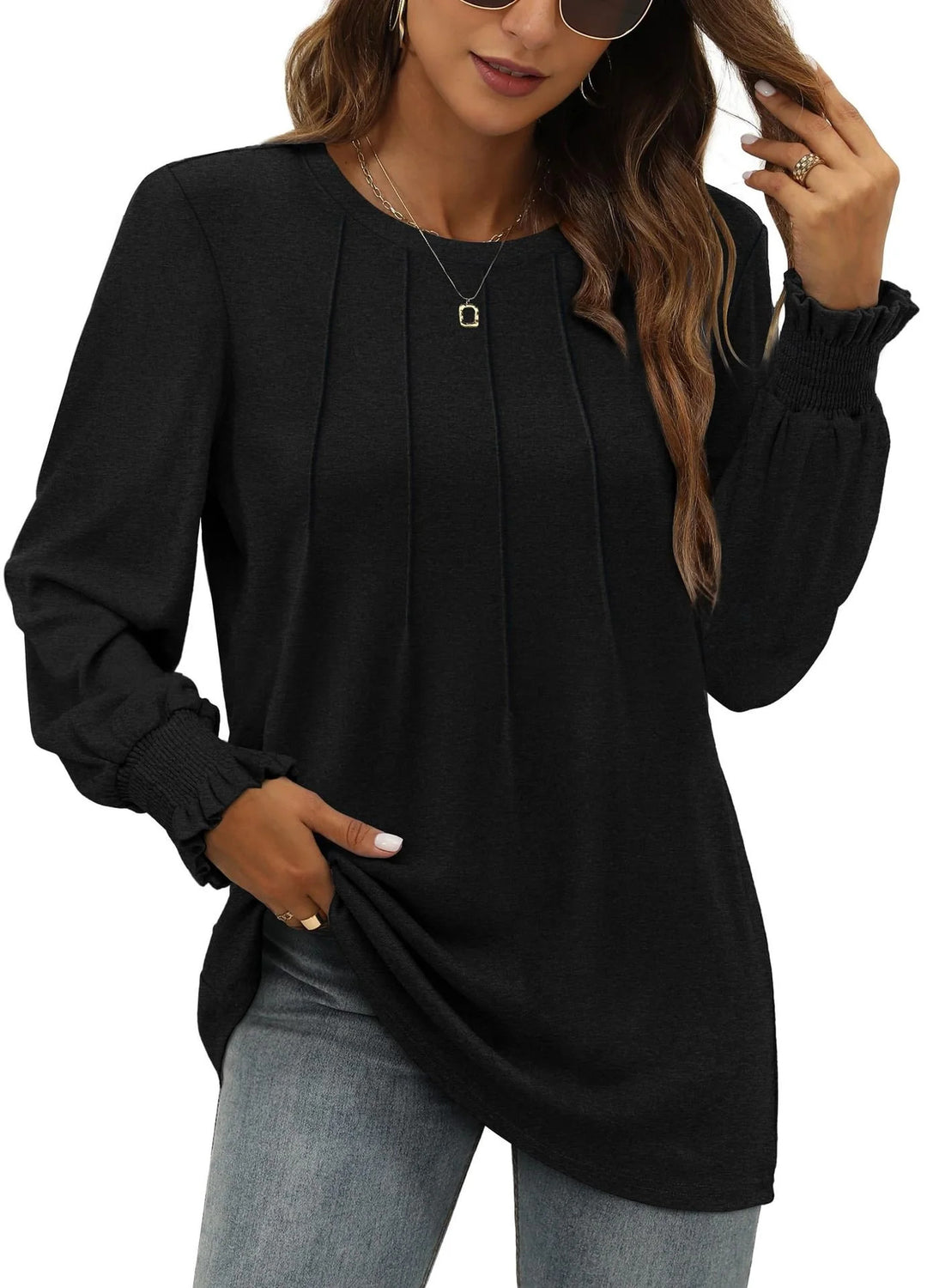 Damen Longsleeve-Tunika mit senkrechten Biesen und gerafften Rüschbündchen – Avérine