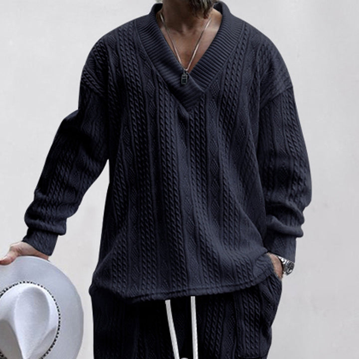Herren Zopfstrick-Loungewear-Set mit tiefem V-Ausschnitt, Relaxed-Fit & Kordelhose – Marzano
