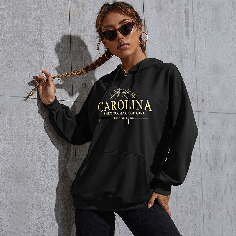Damen Lässiger Oversize-Kapuzenpullover mit Statement-Print, Kängurutasche und Rippbündchen Echoarchiv
