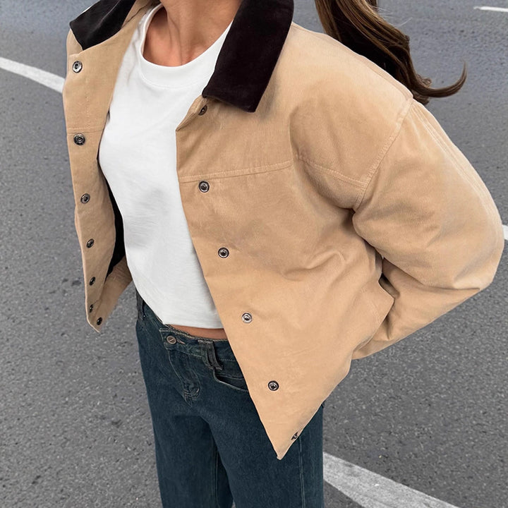 Damen Kurzer Cord-Workwear-Blouson mit Kontrastkragen Echoarchiv