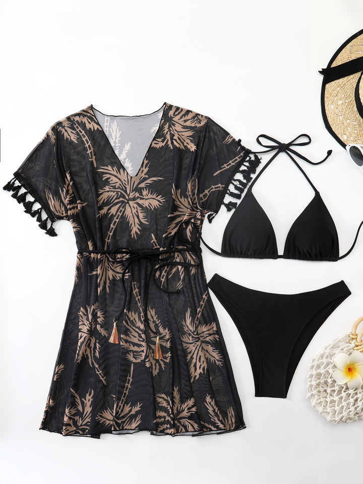 Damen strandtaugliches Kaftan-Set mit modischem Palmendruck Echo Archiv