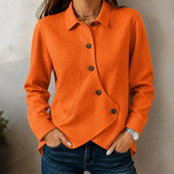Damen strukturierte Waffel-Hemdjacke mit asymmetrischer Knopfleiste und Eingrifftasche – Célinea