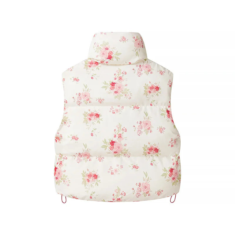 Damen gesteppte Weste mit floralem Allover-Print, hohem Stehkragen und verstellbarem Saum – Célinea