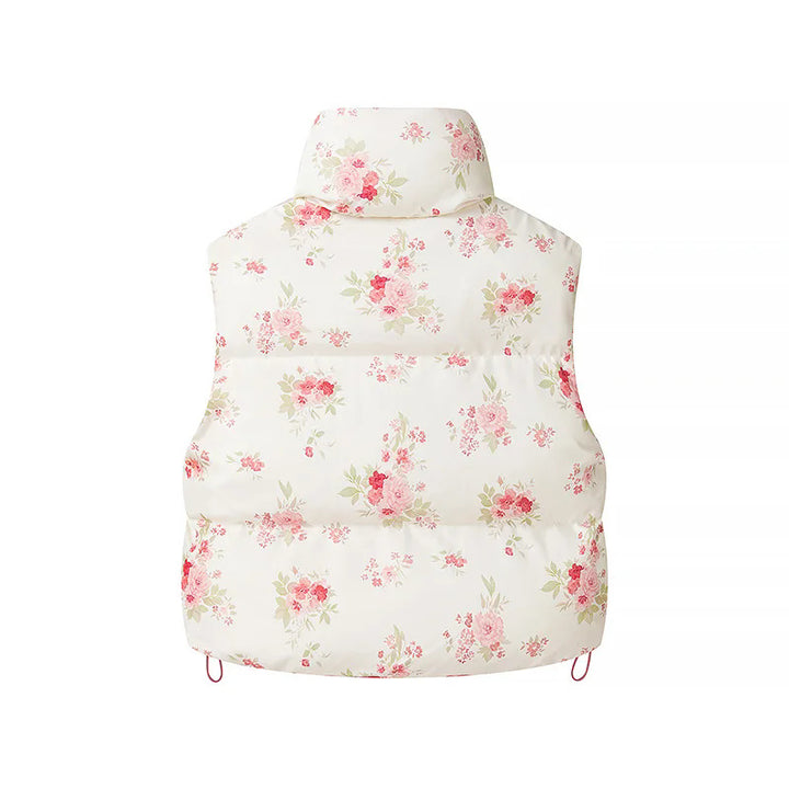 Damen gesteppte Weste mit floralem Allover-Print, hohem Stehkragen und verstellbarem Saum – Célinea