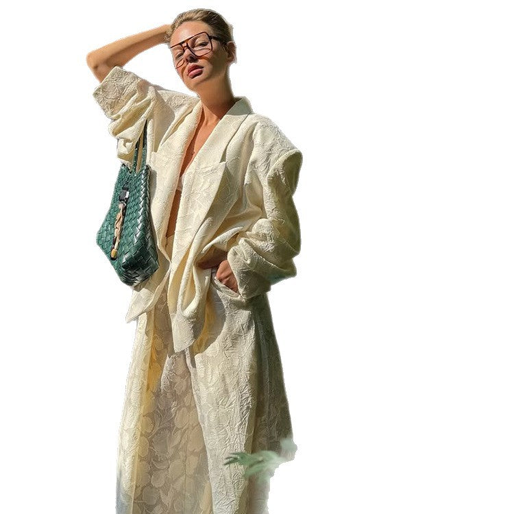 Damen Zweiteiliges Jacquard-Hosen-Set mit Oversize-Boxy-Blazer und hochgeschnittener Palazzo-Hose Echoarchiv