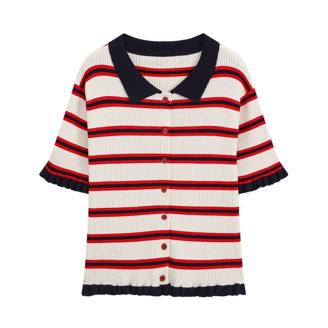 Damen Kurzarm-Rippenstrick-Cardigan mit Polokragen, Knopfleiste und Rüschensaum Echo Archiv