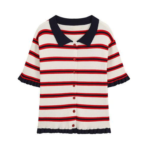 Damen Kurzarm-Rippenstrick-Cardigan mit Polokragen, Knopfleiste und Rüschensaum Echo Archiv