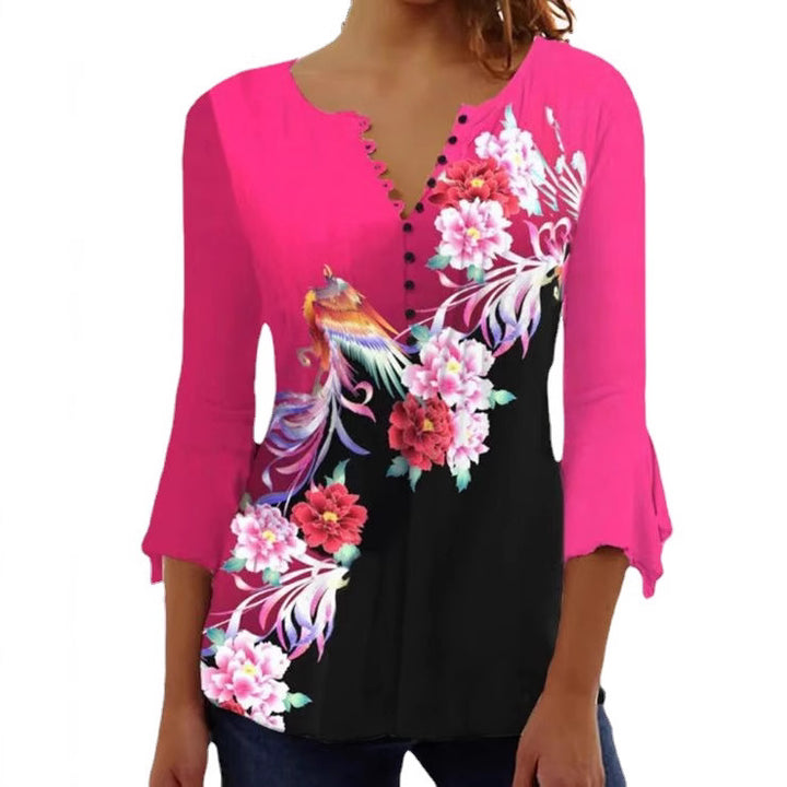 Damen nan V-Ausschnitt Tunika-Bluse mit floralem Vogelmuster, dreiviertel-Volantärmeln und figurumspielendem Saum Echo Archiv