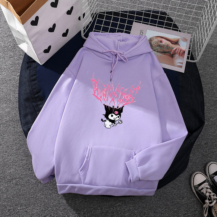 Damen lockeres Kapuzensweatshirt aus angerautem Fleece mit Kängurutasche und kawaii-Charakter-Print – Auréline