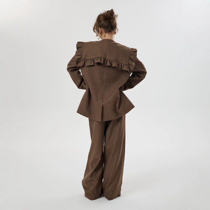 Damen Zweiteiliges Oversize-Blazer-und-Hose-Set mit Volant-Schulter und hoher Bundfalte Echoarchiv