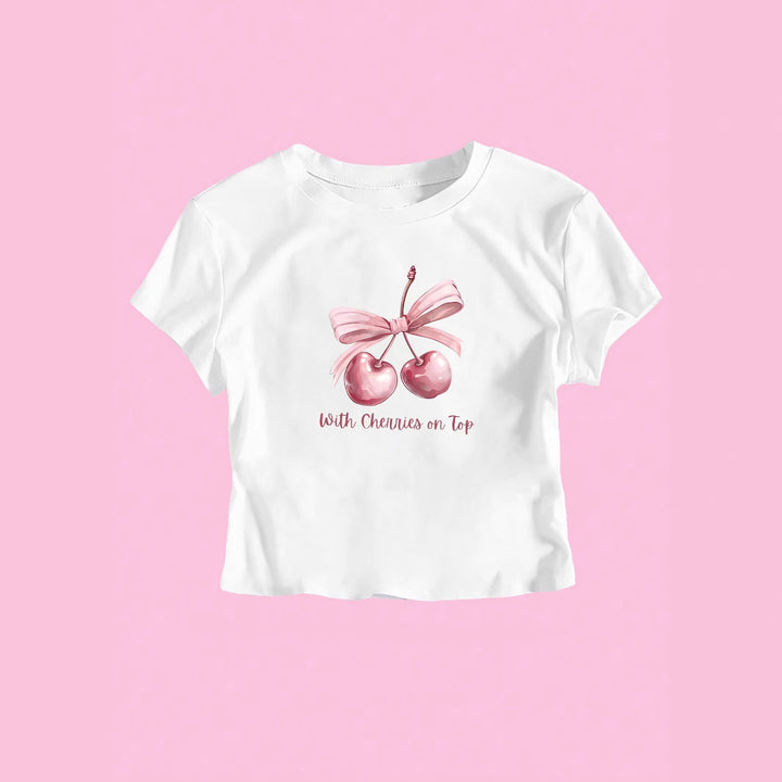 Damen Kurzarm Crop-T-Shirt mit fröhlichem Kirschmotiv und Schleifenapplikation Echo Archiv