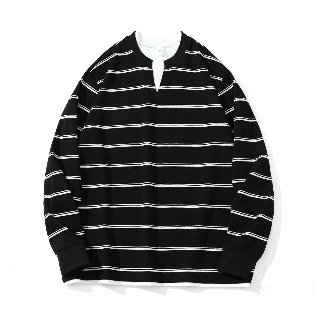 Unisex Gestreiftes Langarm-Sweatshirt mit V-Notch und Waffelstruktur Echoarchiv