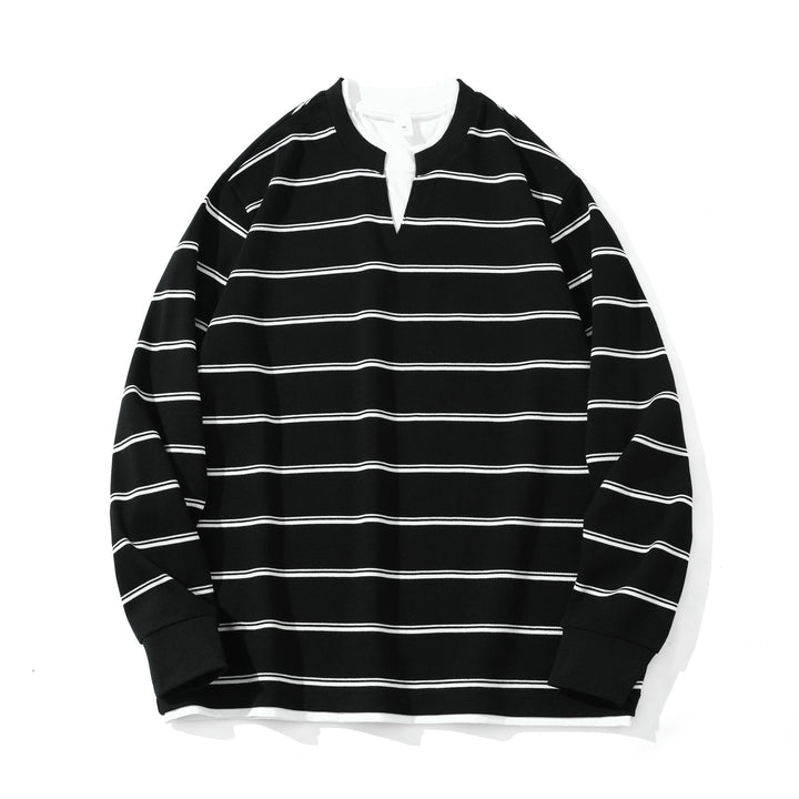 Unisex Gestreiftes Langarm-Sweatshirt mit V-Notch und Waffelstruktur Echoarchiv