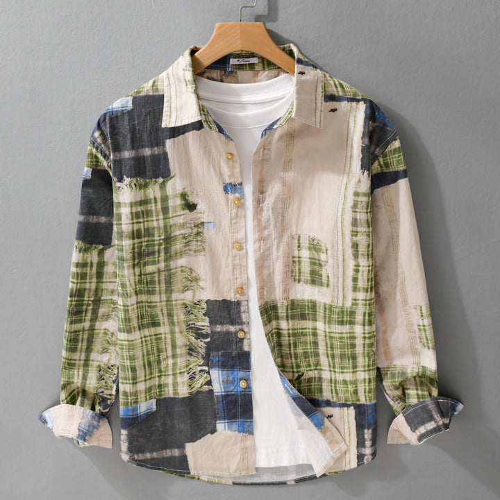 Herren Relaxed Patchwork-Karo Hemdjacke mit ausgefransten Kanten und Crinkle-Finish Echoarchiv