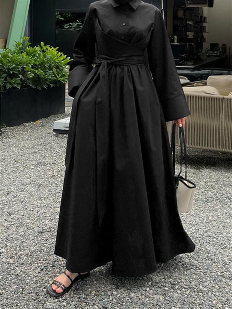 Damen Maxikleid im Hemdblusenstil mit Taillenwickel, weitem Tellerrock und breiten Manschetten – Valéora