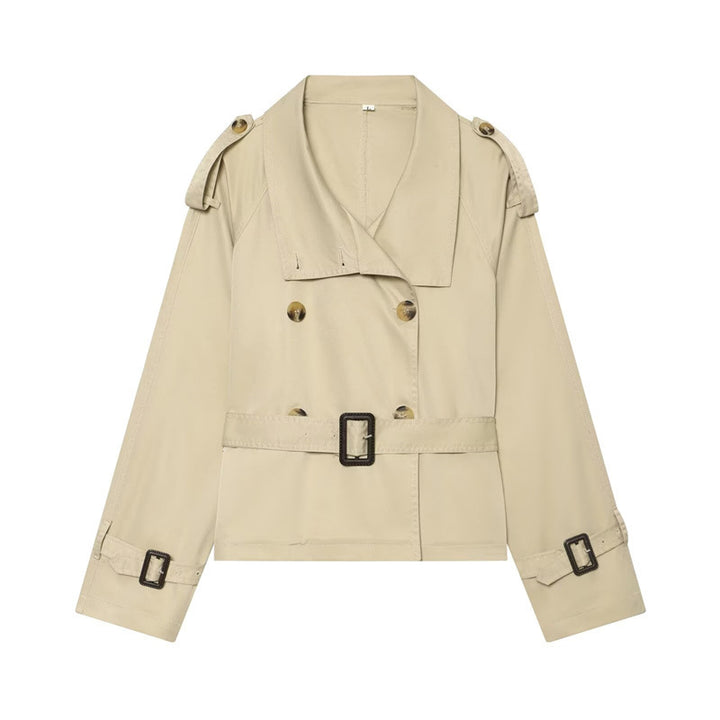 Damen Kurzer Boxy-Trench mit Doppelreiher, Taillengürtel und Schulterklappen Echo Archiv
