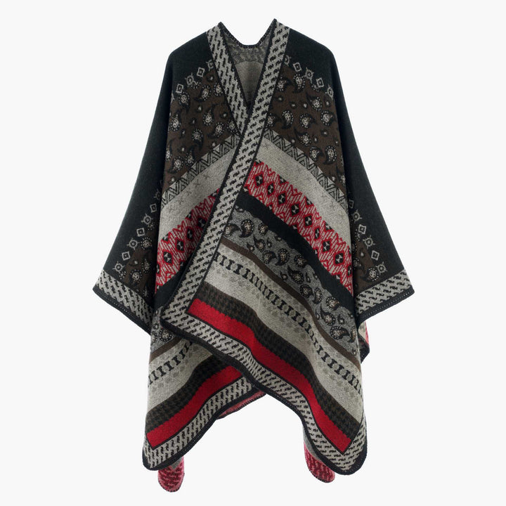 Damen Strickcape im Paisley‑Jacquard mit asymmetrischem Saum – Avérine