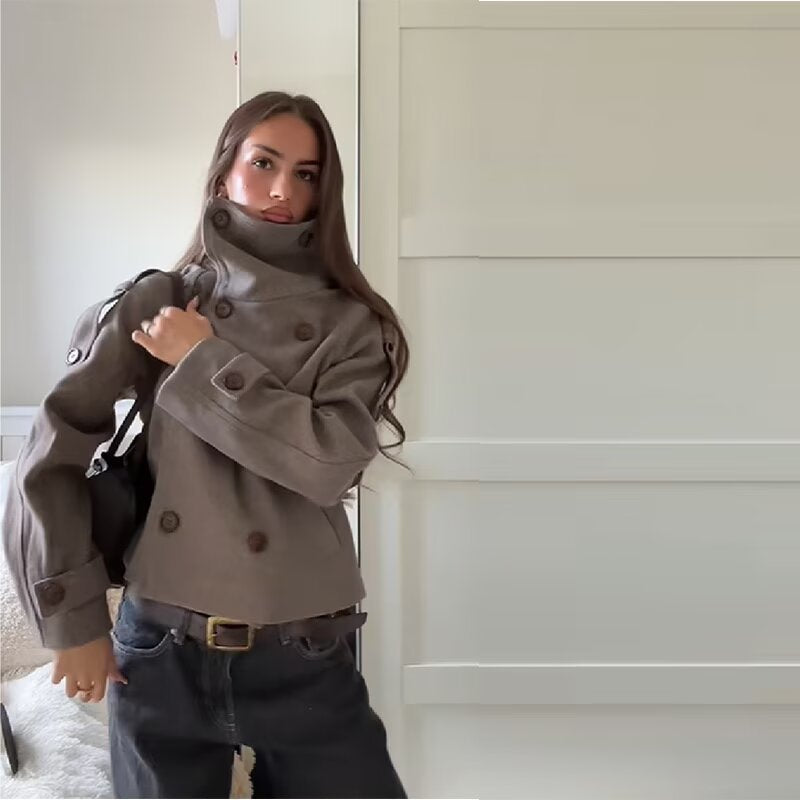 Damen Kurzer Cape-ähnlicher Wollmix-Peacoat mit hohem Funnelkragen und Raglanärmeln Echoarchiv