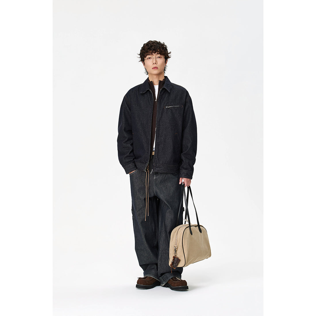 Herren Locker geschnittene Denim-Worker-Jacke mit verdecktem Reißverschluss und schräger Brusttasche Echoarchiv