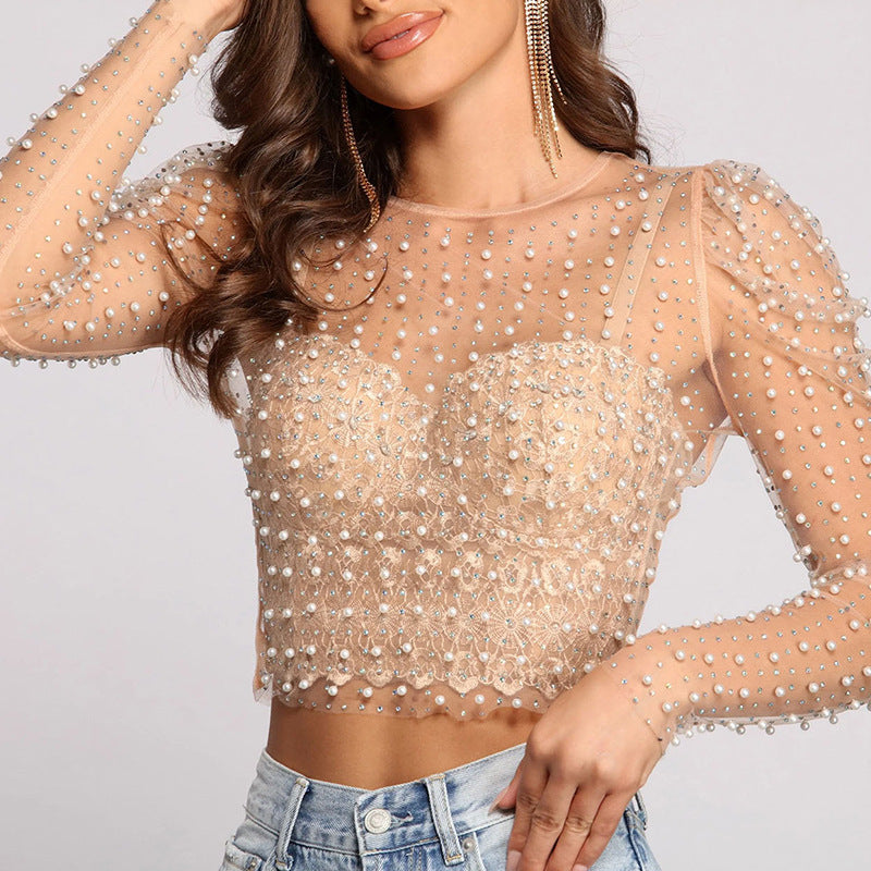 Damen glitzerndes Langarm-Top mit Strassverzierungen Echo Archiv